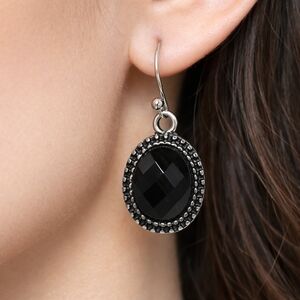 Women's Silver tone Dainty Design Black Stone 1-inch Fishhook Teardrop Earrings